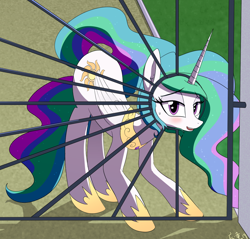 Size: 1150x1100 | Tagged: safe, artist:yinglongfujun, character:princess celestia, species:alicorn, species:pony, behaving like a dog, blushing, cropped, cute, cutelestia, embarrassed, eyes half closed, face down ass up, female, gate, looking at you, ponified animal photo, sillestia, silly, silly pony, solo, stuck, sweat, sweatdrop