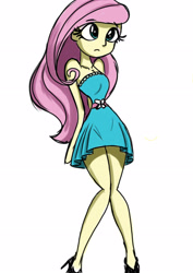 Size: 2480x3508 | Tagged: safe, artist:stammis, character:fluttershy, my little pony:equestria girls, adorasexy, bare shoulders, beautiful, beautisexy, clothing, cute, dress, female, legs, sexy, simple background, sleeveless, solo, strapless, white background
