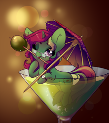 Size: 1200x1357 | Tagged: safe, artist:28gooddays, oc, oc only, oc:buggy code, species:pony, species:unicorn, cocktail, cocktail glass, cocktail umbrella, cup, cup of pony, female, glasses, mare, micro, mouth hold, olive, simple background, solo, ych result