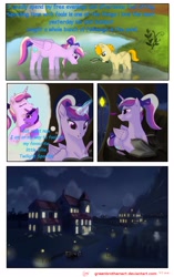 Size: 2166x3447 | Tagged: safe, artist:greenbrothersart, character:princess cadance, oc, oc:sunspot, species:alicorn, species:pegasus, species:pony, comic:love is magic, carriage, comic, diary, mouth hold, net, night, prone, river, stream, teen princess cadance, teenager, writing