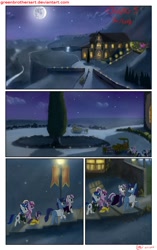 Size: 1950x3102 | Tagged: safe, artist:greenbrothersart, character:night light, character:princess cadance, character:shining armor, character:twilight sparkle, character:twilight sparkle (unicorn), character:twilight velvet, species:pony, species:unicorn, comic:love is magic, carriage, clothing, comic, dress, female, filly, filly twilight sparkle, full moon, male, mansion, mare, mare in the moon, moon, night, stallion, teen princess cadance, teenager, walking, younger