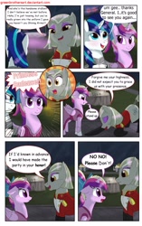 Size: 1950x3102 | Tagged: safe, artist:greenbrothersart, character:princess cadance, character:shining armor, oc, oc:evening star, species:alicorn, species:earth pony, species:pony, species:unicorn, comic:love is magic, bowing, clothing, comic, dress, female, male, party, tail wrap, teen princess cadance, teenager, uniform
