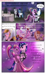 Size: 1950x3102 | Tagged: safe, artist:greenbrothersart, character:night light, character:princess cadance, character:shining armor, character:twilight sparkle, character:twilight sparkle (unicorn), character:twilight velvet, oc, species:alicorn, species:pegasus, species:pony, species:unicorn, comic:love is magic, comic, dancing, female, filly, filly twilight sparkle, lyrics, male, mare, night, party, singing, stallion, teen princess cadance, teenager, text, younger