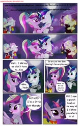 Size: 1950x3102 | Tagged: safe, artist:greenbrothersart, character:princess cadance, character:shining armor, character:twilight sparkle, character:twilight sparkle (unicorn), oc, species:alicorn, species:pony, species:unicorn, comic:love is magic, blushing, clothing, comic, dancing, dress, eye contact, female, filly, filly twilight sparkle, kissing, looking at each other, lyrics, night, party, teen princess cadance, teenager, text, younger