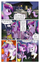 Size: 1950x3102 | Tagged: safe, artist:greenbrothersart, character:fleur-de-lis, character:princess cadance, character:twilight sparkle, character:twilight sparkle (unicorn), species:alicorn, species:pony, species:unicorn, comic:love is magic, blushing, clothing, comic, crash, dress, female, filly, filly twilight sparkle, night, party, punch (drink), punch bowl, spill, spilled drink, teen princess cadance, teenager, walking, younger