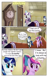 Size: 1950x3102 | Tagged: safe, artist:greenbrothersart, character:princess cadance, character:shining armor, character:twilight sparkle, character:twilight sparkle (unicorn), character:twilight velvet, species:alicorn, species:pony, species:unicorn, comic:love is magic, clothing, comic, dress, female, filly, filly twilight sparkle, grandfather clock, male, mare, sleeping, teen princess cadance, teenager, younger
