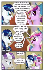 Size: 1950x3102 | Tagged: safe, artist:greenbrothersart, character:princess cadance, character:shining armor, character:twilight velvet, species:alicorn, species:pony, species:unicorn, comic:love is magic, clothing, comic, female, frown, implied night light, male, mare, teen princess cadance, teenager, uniform