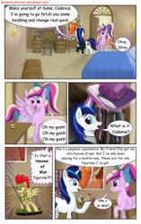 Size: 1950x3102 | Tagged: safe, artist:greenbrothersart, character:princess cadance, character:shining armor, species:alicorn, species:pony, species:unicorn, comic:love is magic, bed, comic, female, figurine, hooves of war, male, poster, smiling, teen princess cadance, teenager