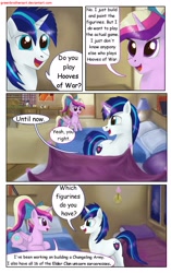 Size: 1950x3102 | Tagged: safe, artist:greenbrothersart, character:princess cadance, character:shining armor, species:alicorn, species:pony, species:unicorn, comic:love is magic, bed, comic, female, hooves of war, male, prone, smiling, teen princess cadance, teenager