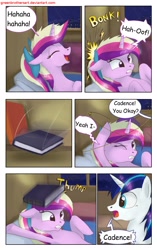 Size: 1950x3102 | Tagged: safe, artist:greenbrothersart, character:princess cadance, character:shining armor, species:alicorn, species:pony, species:unicorn, comic:love is magic, bed, book, comic, female, floppy ears, laughing, male, on back, teen princess cadance, teenager