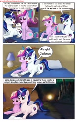 Size: 1950x3102 | Tagged: safe, artist:greenbrothersart, character:princess cadance, character:shining armor, species:alicorn, species:pony, species:unicorn, comic:love is magic, bed, book, comic, female, male, prone, reading, teen princess cadance, teenager