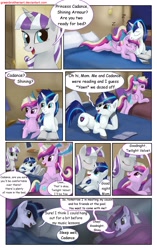 Size: 1950x3102 | Tagged: safe, artist:greenbrothersart, character:princess cadance, character:shining armor, character:twilight velvet, species:alicorn, species:pony, species:unicorn, comic:love is magic, bed, book, comic, female, goodnight kiss, male, mare, neck nuzzle, onomatopoeia, prone, sleeping, sound effects, teen princess cadance, teenager, waking up, zzz