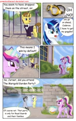 Size: 1950x3102 | Tagged: safe, artist:greenbrothersart, character:jet set, character:princess cadance, character:shining armor, character:upper crust, oc, species:alicorn, species:pony, species:unicorn, comic:love is magic, beach ball, comic, female, gate, goggles, male, saddle bag, stallion, swimming pool, tail wrap, teen princess cadance, teenager, towel