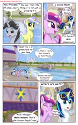 Size: 1950x3102 | Tagged: safe, artist:greenbrothersart, character:jet set, character:princess cadance, character:shining armor, character:upper crust, species:alicorn, species:pony, species:unicorn, comic:love is magic, comic, female, giggling, goggles, male, swimming pool, teen princess cadance, teenager, towel