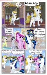 Size: 1950x3102 | Tagged: safe, artist:greenbrothersart, character:jet set, character:prince blueblood, character:princess cadance, character:shining armor, character:upper crust, species:alicorn, species:pony, species:unicorn, comic:love is magic, comic, female, goggles, male, saddle bag, swimming pool, tail wrap, teen princess cadance, teenager, towel