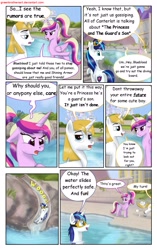 Size: 1950x3102 | Tagged: safe, artist:greenbrothersart, character:jet set, character:prince blueblood, character:princess cadance, character:shining armor, character:upper crust, species:alicorn, species:pony, species:unicorn, comic:love is magic, comic, female, goggles, male, swimming pool, tail wrap, teen princess cadance, teenager, water, water slide
