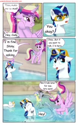 Size: 1950x3102 | Tagged: safe, artist:greenbrothersart, character:jet set, character:prince blueblood, character:princess cadance, character:shining armor, character:upper crust, species:alicorn, species:pony, species:unicorn, comic:love is magic, comic, crying, female, goggles, kissing, male, splashing, swimming pool, tail wrap, teen princess cadance, teenager, water