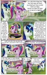 Size: 1950x3102 | Tagged: safe, artist:greenbrothersart, character:princess cadance, character:shining armor, species:alicorn, species:pony, species:unicorn, comic:love is magic, blushing, comic, female, flustered, makeup, male, mirror, sitting, teen princess cadance, teenager