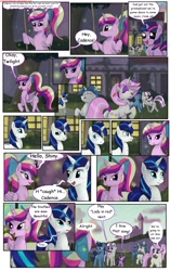 Size: 1950x3102 | Tagged: safe, artist:greenbrothersart, character:fancypants, character:fleur-de-lis, character:night light, character:princess cadance, character:shining armor, character:twilight sparkle, character:twilight sparkle (unicorn), character:twilight velvet, species:alicorn, species:pony, species:unicorn, comic:love is magic, blushing, comic, dancing, female, filly, filly twilight sparkle, firefly, male, mare, stallion, sweat, sweatdrop, swing, tail wrap, teen princess cadance, teenager, younger