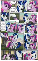 Size: 1950x3102 | Tagged: safe, artist:greenbrothersart, character:fleur-de-lis, character:princess cadance, character:shining armor, character:twilight sparkle, character:twilight sparkle (unicorn), species:alicorn, species:pony, species:unicorn, comic:love is magic, blushing, book, comic, dancing, female, filly, filly twilight sparkle, male, tail wrap, teen princess cadance, teenager, thought bubble, younger