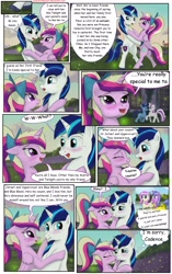 Size: 1950x3102 | Tagged: safe, artist:greenbrothersart, character:night light, character:princess cadance, character:shining armor, character:twilight velvet, species:alicorn, species:pony, species:unicorn, comic:love is magic, blushing, comic, dancing, female, floppy ears, male, mare, stallion, teen princess cadance, teenager, thought bubble