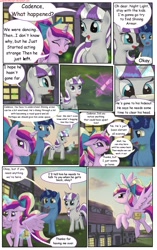 Size: 1950x3102 | Tagged: safe, artist:greenbrothersart, character:night light, character:princess cadance, character:twilight velvet, species:alicorn, species:pony, species:unicorn, comic:love is magic, comic, crying, female, firefly, flying, male, mare, saddle bag, scroll, stallion, teen princess cadance, teenager