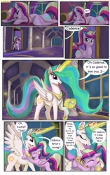 Size: 1950x3102 | Tagged: safe, artist:greenbrothersart, character:princess cadance, character:princess celestia, species:alicorn, species:pony, comic:love is magic, bed, comic, crying, duo, duo female, female, hug, mare, night, present, prone, stomach noise, teen princess cadance, teenager
