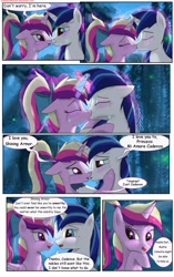Size: 1950x3102 | Tagged: safe, artist:greenbrothersart, character:princess cadance, character:shining armor, species:alicorn, species:pony, species:unicorn, comic:love is magic, blushing, comic, crying, eye contact, female, full moon, kissing, looking at each other, male, mare in the moon, moon, night, teen princess cadance, teenager