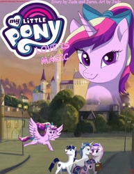 Size: 3653x4729 | Tagged: safe, artist:greenbrothersart, character:fancypants, character:fleur-de-lis, character:princess cadance, character:shining armor, character:twilight sparkle, species:alicorn, species:pony, species:unicorn, comic:love is magic, book, comic, comic cover, cover art, female, filly, filly twilight sparkle, flying, male, teen princess cadance, teenager, younger