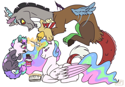 Size: 1000x700 | Tagged: safe, artist:glitterstar2000, character:discord, character:princess celestia, oc, oc:nayade, parent:discord, parent:princess celestia, parents:dislestia, ship:dislestia, book, chocolate, eating, family, female, floating, food, hybrid, interspecies offspring, male, offspring, popcorn, reading, shipping, simple background, straight, white background