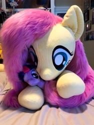 Size: 3024x4032 | Tagged: safe, artist:natureshy, artist:qtpony, character:fluttershy, character:twilight sparkle, species:pony, 4de, female, fluffy, hug, irl, life size, photo, plushie, size difference