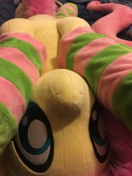 Size: 3024x4032 | Tagged: safe, artist:natureshy, artist:qtpony, character:fluttershy, species:pony, belly, clothing, cute, featureless crotch, irl, photo, plushie, shyabetes, socks, solo, striped socks, upside down