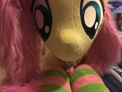 Size: 4032x3024 | Tagged: safe, artist:natureshy, artist:qtpony, character:fluttershy, species:pony, clothing, cute, element of kindness, front view, irl, jewelry, life size, necklace, photo, plushie, socks, solo, striped socks