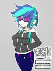 Size: 920x1217 | Tagged: safe, artist:oldskullkid, character:dj pon-3, character:vinyl scratch, my little pony:equestria girls, backpack, clothing, female, hands in pockets, headphones, hoodie, solo, vinyl's glasses