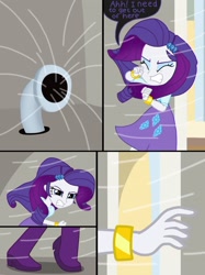 Size: 2048x2732 | Tagged: safe, artist:justsomepainter11, character:rarity, comic:rarity's rest problem, my little pony:equestria girls, boots, bracelet, clothing, comic, dialogue, female, jewelry, pipe (plumbing), shoes, skirt, solo, sucking, vacuum