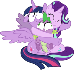 Size: 5919x5578 | Tagged: safe, artist:famousmari5, character:spike, character:starlight glimmer, character:twilight sparkle, character:twilight sparkle (alicorn), species:alicorn, species:dragon, species:pony, species:unicorn, episode:a horse shoe-in, g4, my little pony: friendship is magic, cute, female, floppy ears, glimmerbetes, hug, male, mare, simple background, small eyes, smiling, squishy, transparent background, underfoot, vector, winged spike