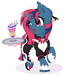 Size: 1616x1874 | Tagged: safe, artist:wavecipher, oc, oc only, oc:heart tide, species:pony, species:unicorn, clothing, cuffs (clothes), cute, female, glowing horn, happy, heart eyes, horn, magic, maid, mare, simple background, telekinesis, transparent background, tray, wingding eyes