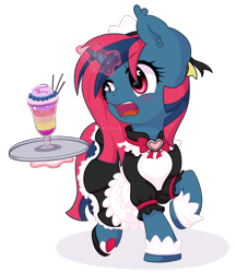 Size: 1616x1874 | Tagged: safe, alternate version, artist:wavecipher, oc, oc only, oc:heart tide, species:pony, species:unicorn, blushing, clothing, cuffs (clothes), cute, female, glowing horn, heart eyes, horn, magic, maid, mare, simple background, telekinesis, transparent background, tray, tsundere, wingding eyes