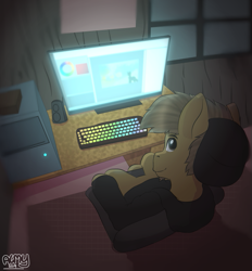 Size: 733x790 | Tagged: safe, artist:almond evergrow, oc, oc only, oc:almond evergrow, species:earth pony, species:pony, artist, computer, digital art, keyboard, looking at you, looking back, looking back at you, male, nutty, pc, perspective, smiling, solo, stallion
