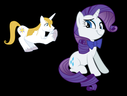 Size: 1872x1416 | Tagged: safe, artist:disneymarvel96, edit, character:prince blueblood, character:rarity, species:pony, species:unicorn, accessory theft, black background, bow tie, female, male, simple background, sitting, smug, vector, vector edit