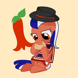 Size: 2000x1999 | Tagged: safe, artist:andromedasparkz, oc, species:earth pony, species:pony, chile, clothing, copihue, eating, empanada, female, flower, food, hat, mare, poncho, simple background, sitting, solo