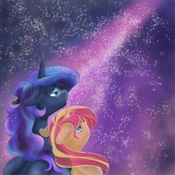 Size: 894x894 | Tagged: safe, artist:firimil, character:princess luna, character:sunset shimmer, species:alicorn, species:pony, species:unicorn, duo, duo female, female, floppy ears, lesbian, lidded eyes, looking up, lunashimmer, mare, shipping, sky, stargazing, stars