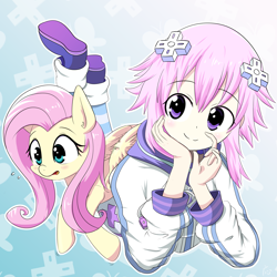 Size: 3400x3399 | Tagged: safe, artist:yinglongfujun, character:fluttershy, species:human, species:pony, crossover, embarrassed, hyperdimension neptunia, neptune, neptunia, smiling