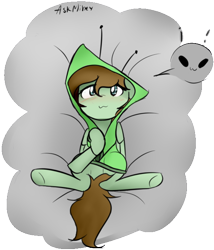 Size: 558x652 | Tagged: safe, artist:lofis, oc, oc:mint chocolate, species:pegasus, species:pony, alien, area 51, blushing, clothing, cloud, female, hoodie, lying on bed, september 20th, simple background, solo, tail, transparent background, wings