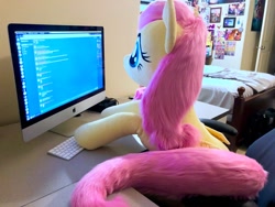 Size: 1280x960 | Tagged: safe, artist:natureshy, artist:qtpony, character:fluttershy, species:pony, chair, computer, cute, desk, discord (software), female, fluffy, imac, internet, irl, life size, photo, plushie, shyabetes, sitting