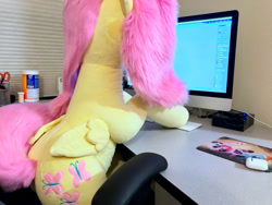 Size: 1280x960 | Tagged: safe, artist:natureshy, artist:qtpony, character:fluttershy, species:pony, chair, computer, cute, desk, female, fluffy, irl, life size, photo, plushie, shyabetes, side view, sitting, thicc ass, wide hips