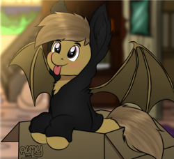 Size: 865x790 | Tagged: safe, artist:almond evergrow, oc, oc only, oc:almond evergrow, species:bat pony, species:earth pony, species:pony, bat ponified, bat wings, blep, box, pony in a box, race swap, solo, tongue out, wings