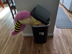 Size: 1249x937 | Tagged: safe, artist:qtpony, artist:tinyequine, character:fluttershy, species:pegasus, species:pony, clothing, female, folded wings, into the trash it goes, irl, life size, mare, photo, plushie, ponies in real life, socks, solo, striped socks, trash can, wings, your waifu is trash