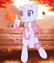 Size: 829x965 | Tagged: safe, artist:wavecipher, oc, oc only, species:alicorn, species:earth pony, species:pegasus, species:pony, species:unicorn, autumn, bench, chocolate, clothing, coffee, commission, cozy, food, hot chocolate, leaves, orange, park, red, scarf, solo, your character here