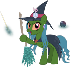 Size: 1974x1862 | Tagged: safe, artist:shadymeadow, oc, oc:marine curse, species:earth pony, species:pony, broom, cloak, clothing, female, hat, jaundice, mare, oc villain, simple background, solo, transparent background, witch hat